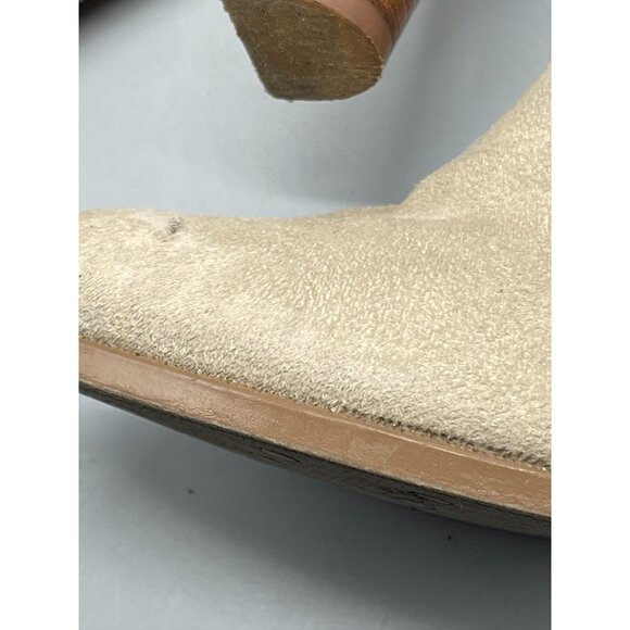 faux suede mid calf high heel boot 3 1/2" heel size 7 leg zips light brown READ - Picture 2 of 9